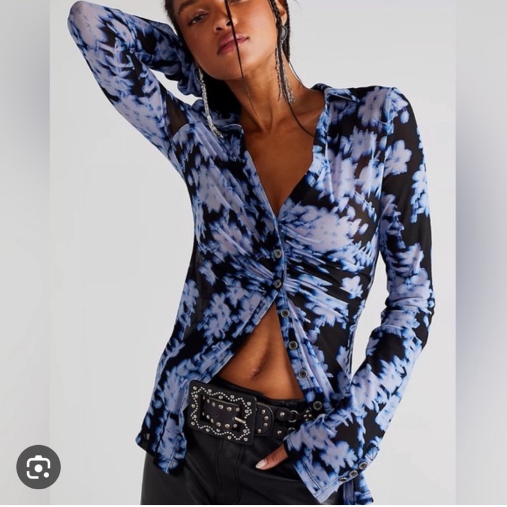 ▪️Free People Mesh Lucky Shirtee in
Blue Motif Sheer Button Down Long Sleeve